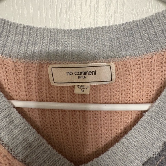 Pink and Gray V-Neck Sweater with Asymmetrical Design - Picture 2 of 7